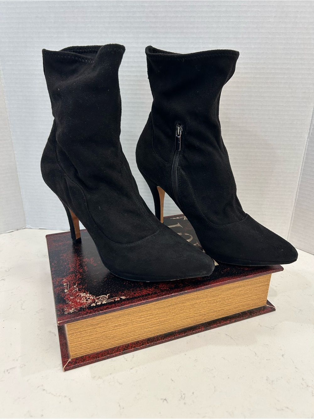 White House Black Market Black Suede Pointed Toe Stiletto Booties